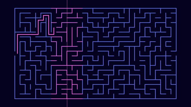 Neon maze path progressively tracing a route from left to right through an abstract dark labyrinth
