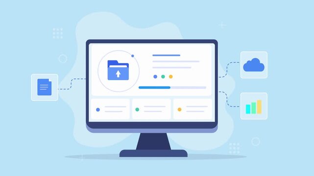 Modern flat vector animation of a desktop monitor displaying a cloud file management dashboard with folder, cloud storage, and analytics icons for digital workflow concepts.