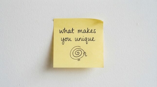 Yellow sticky note on white wall with What makes you unique personal identity self discovery