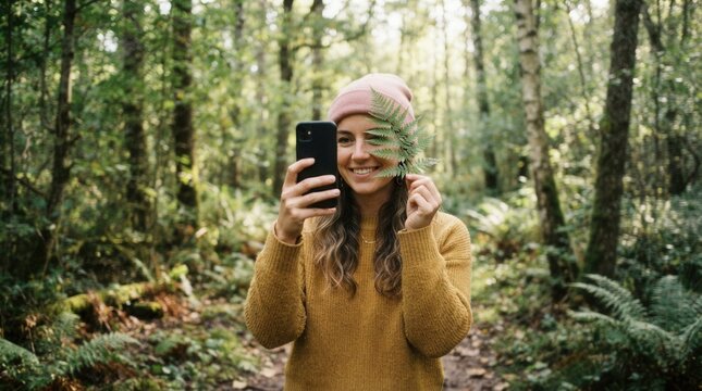 Young woman in forest capturing photo on phone A taking photos of green plant