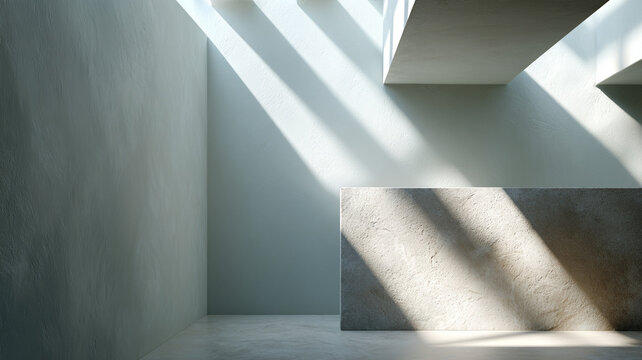 Architectural light shadow minimalist interior wall geometric concrete texture with pale color, quiet modern space and sunbeam pattern