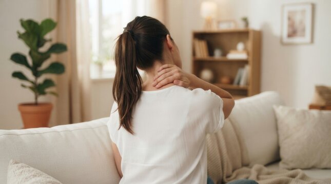 Young woman in white blouse sitting on couch holding her shoulder and neck with pained