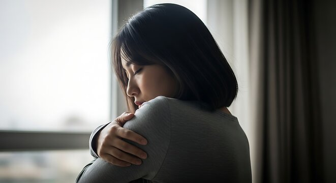 Young woman embracing herself with sadness and loneliness standing near the window at home