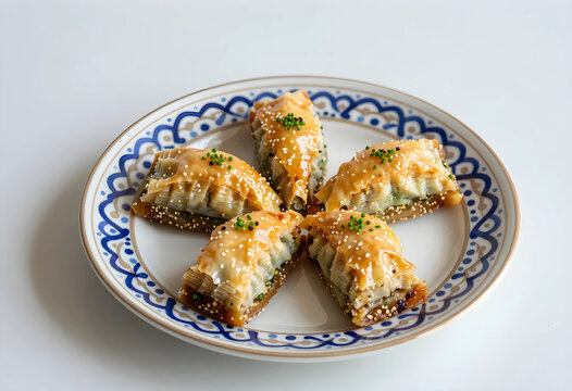 Middle eastern dessert baklava, traditional sweet pastry with nuts and syrup, delicious food for celebration and holidays