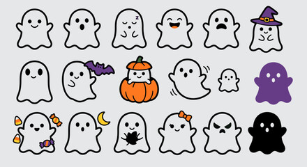 Fototapeta premium Cute Ghost Characters Set, Kawaii Halloween Spooky Expressions, Pumpkin and Witch Hat Vector Icons