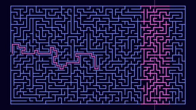 Neon maze with pink path progressively tracing solution through blue labyrinth