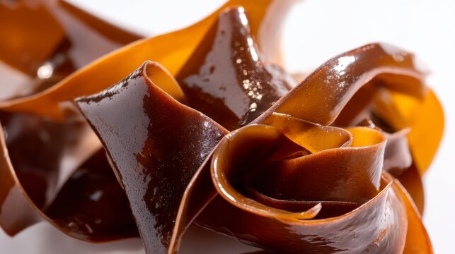 Glossy Brown Kelp Ribbons Arranged in Flowing Abstract Culinary Shapes