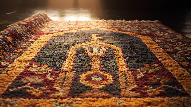 Ornate vintage rug illuminated by sunlight as the camera moves closer, revealing a detailed geometric pattern and traditional textile craftsmanship