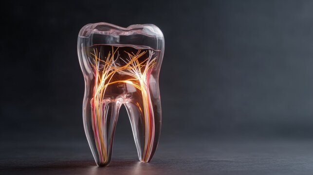 Transparent human tooth anatomy showing glowing roots and nerves inside
