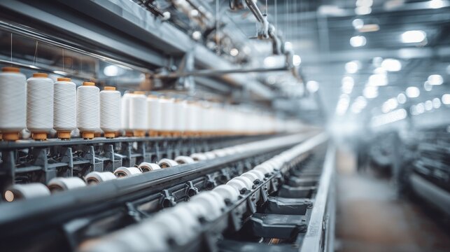 Modern textile factory automated machinery with spinning yarn bobbins