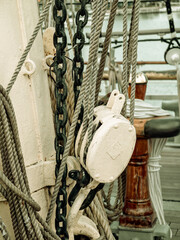 Vintage Sailing Ship Ropes, Chains, and Pulley System on Deck in Gdynia © Marcin