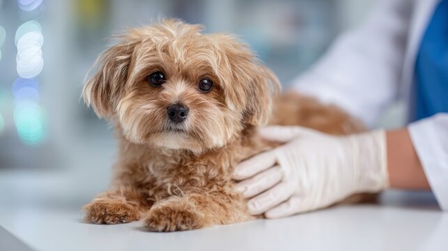 Cute small fluffy dog being examined by a veterinarian in clinic