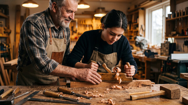 Carpenters shape timber using a manual hand plane in a warm rustic woodworking workshop.