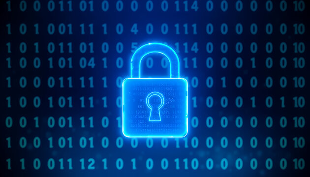 Digital padlock icon glowing on binary code background for cybersecurity and data protection solutions