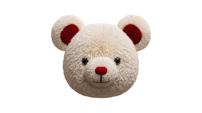 Soft, fluffy teddy bear head with playful red cheeks, transparent background for customizable digital use in children&rsquo;s entertainment and branding projects