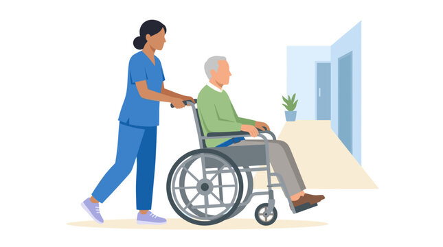 Nurse pushing elderly man in wheelchair at hospital