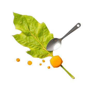 Cape gooseberry on a leaf with a spoon isolated on black