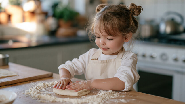 A child in a cooking class apron stands alone in golden hour kitchen light carefully folding pastry dough, flour dusting small hands and wooden worktop, afternoon sun streaming