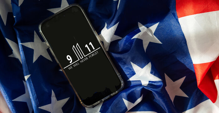 Text Never Forget 9. 11 with United States flag