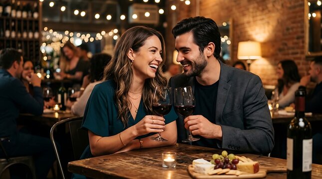 A happy couple enjoys a romantic date at a candlelit restaurant with wine and appetizers.