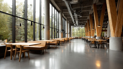 Naklejka premium Modern cafe lifestyle minimalist wide shot interior with wood table, chair, window, concrete floor, column, natural light, calm mood