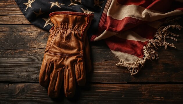 Leather work gloves resting on folded flag over rustic wooden table patriotic labor day concept
