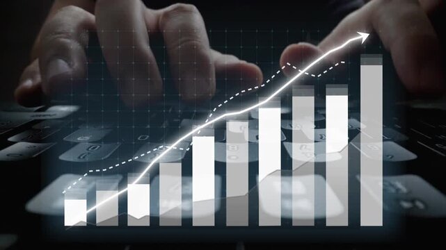 Close-up view of hands actively typing on a keyboard with a financial growth graph overlay, symbolizing data analysis and business success in the digital age. Copula