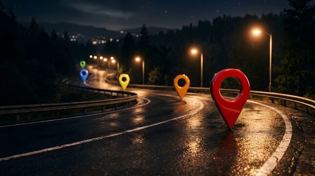 Cinematic nighttime road with colorful GPS map location pin markers glowing under streetlights