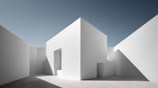 Minimalist architecture corner white wall shadow concrete courtyard geometric modern serene exterior with clean line and blue sky