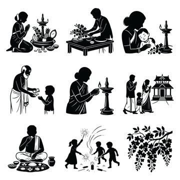 Happy Vishu vector collection featuring black silhouette illustrations of holiday celebration, including family prayer, kani setup, sadhya feast, and sparkler.