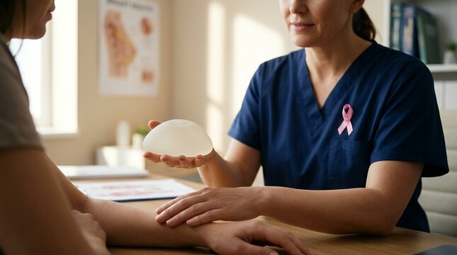 Doctor discussing breast reconstruction surgery with patient during medical consultation.