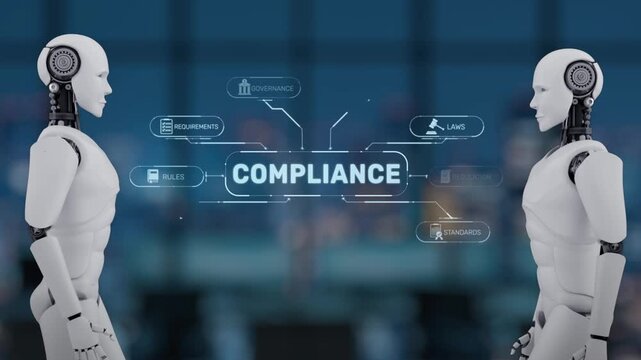Two humanoid robots engage in a conversation about compliance concepts in a high-tech office environment, showcasing futuristic digital interfaces and innovative technology discussions. Synapse
