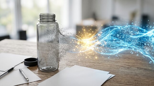 Clear plastic water bottle dissolving into dust and flowing blue water wave splash on wooden desk for environmental recycling concept.