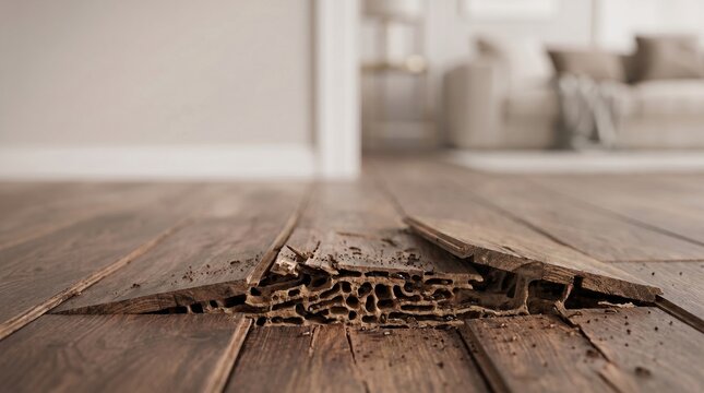 Severe termite damage on wooden floor plank showing hollow nest inside living room for pest control and home inspection concept.