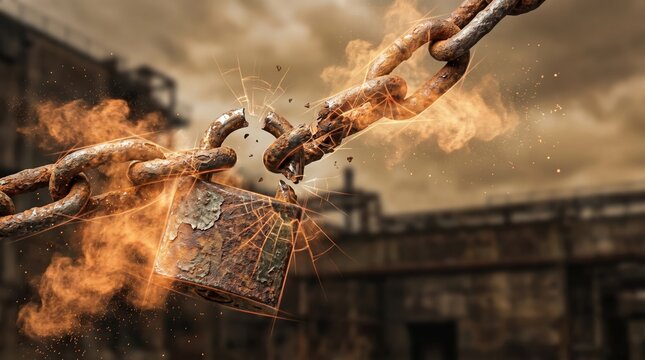 Heavy rusty metal chain breaking apart with lock exploding in fire and orange sparks for freedom and security breach concept.
