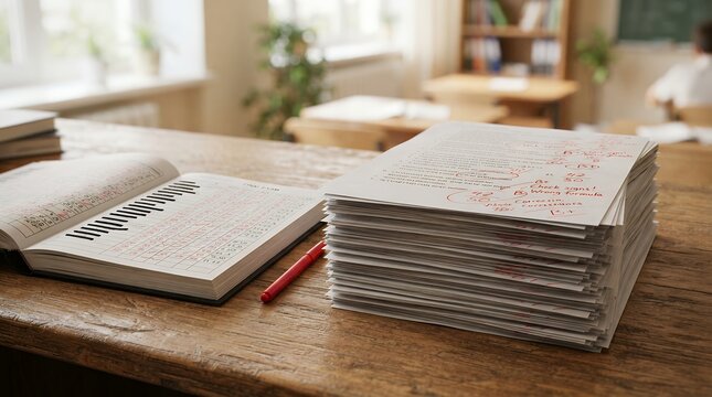 Stack of graded homework papers with red marks on a wooden teacher desk in a classroom.