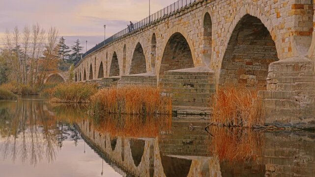 Masonry Pointed arch Stone bridge (Puente de Piedra) across the river Duero in Zamora, Castile-Leon, Spain. Reflection in the water. Pedestrians walking on bridge.