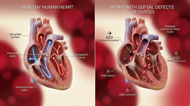 Healthy Heart Versus Congenital Septal Defect ASD VSD Right Heart Volume Overload and Hypertrophy