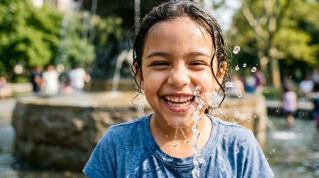 Joyful child laughing with water droplets on face during sunny summer outdoor playtime