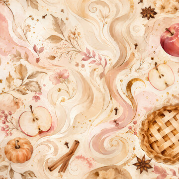 Watercolor autumn harvest seamless pattern with apple pie, pumpkin, apples, and spices