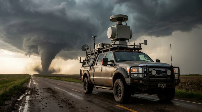 Storm chasing vehicle tracking a massive tornado on a rural road in the Great Plains.