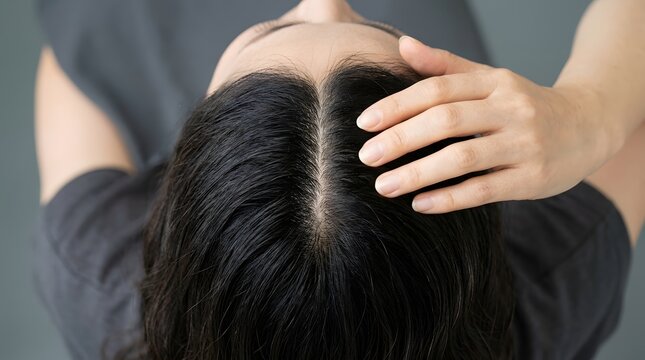 分け目が気になる女性の頭頂部と頭皮ケアの近接撮影