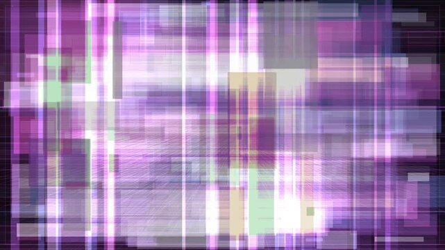 Abstract digital geometric blocks shifting across cyber grid background with neon purple glow