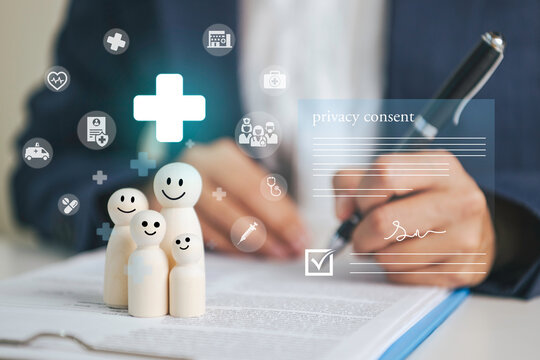 Healthcare privacy consent with person signing insurance document to protect patient data support informed agreement medical compliance family coverage trust and secure healthcare services.