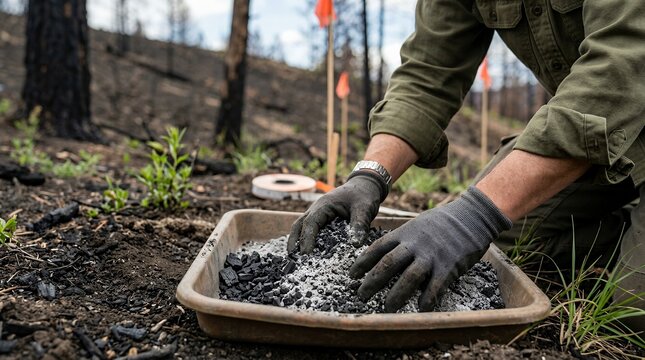 Agronomist mixing biochar and soil for forest restoration after wildfire damage.