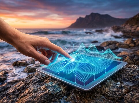 Interactive holographic data display on digital tablet outdoors at sunset