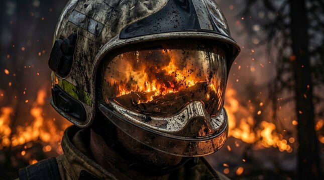 Firefighter helmet with soot and visor reflecting intense wildfire flames in forest.