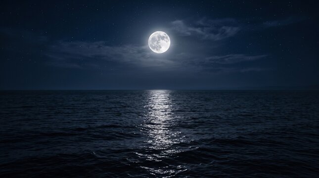Full moon shining over dark ocean water at night with starry sky and moonlight reflection