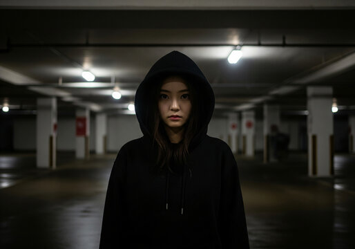 Moody Portrait Of A Young Asia Woman In Black Hoodie Leaning On Wet Street Wall At Night.
