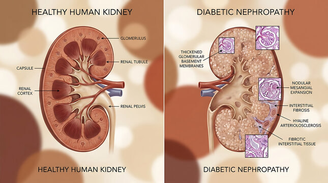 Healthy Kidney Versus Diabetic Nephropathy Kimmelstiel-Wilson Nodules and Glomerulosclerosis